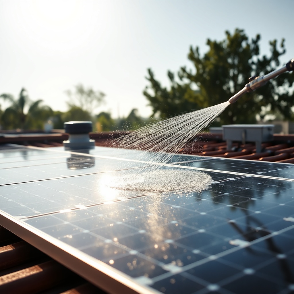 A clean photorealistic photo of a rooftop solar panel array being gently sprayed with wate