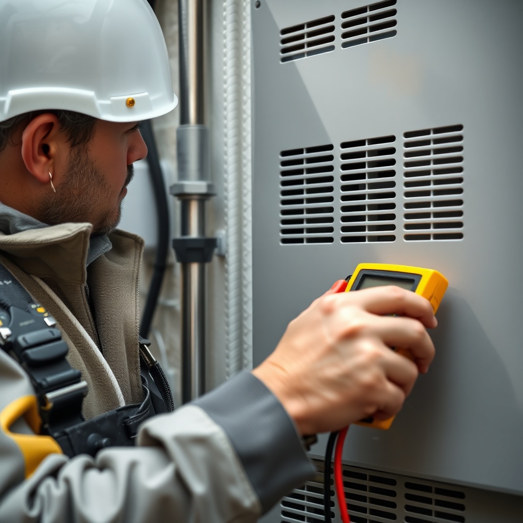 A photorealistic close-up photo of an electrician inspecting a grounding rod connection ne