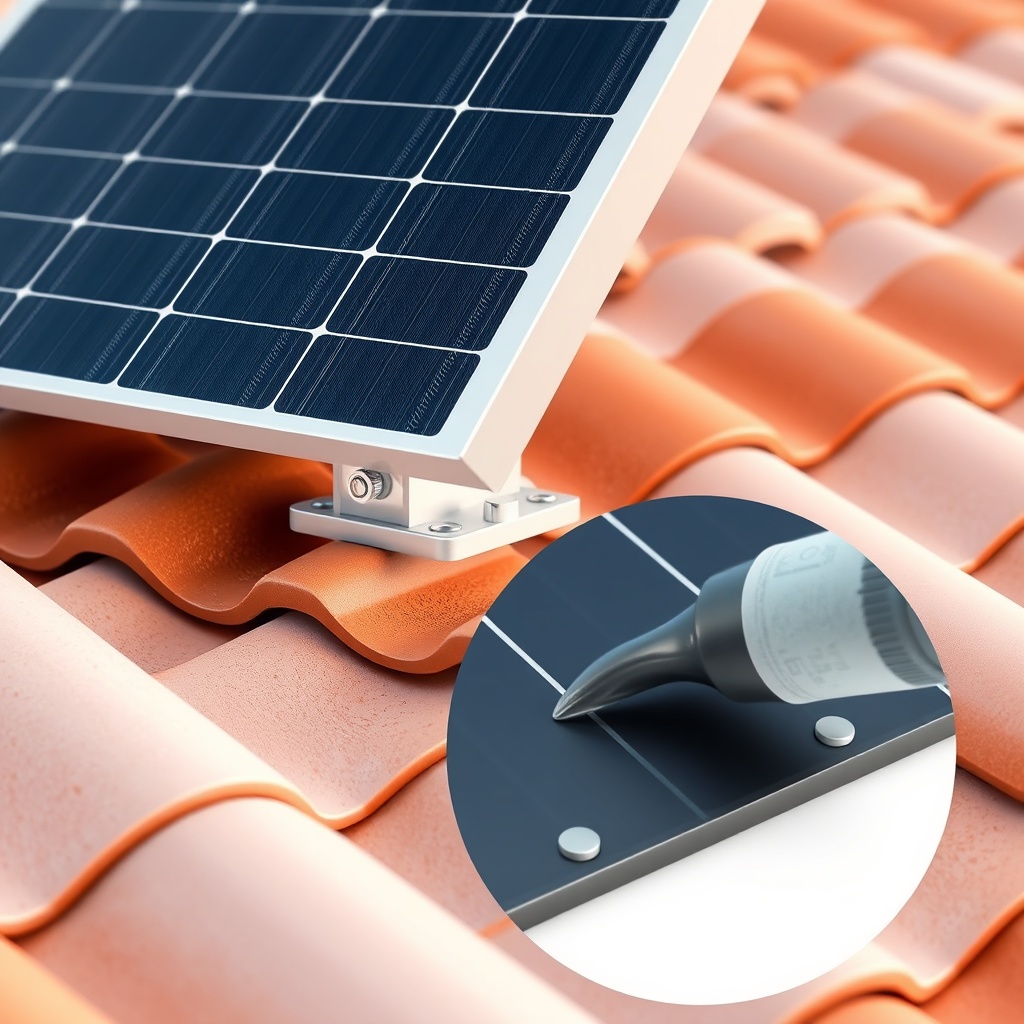 <A photorealistic illustration of a solar panel mounting bracket on a tiled roof