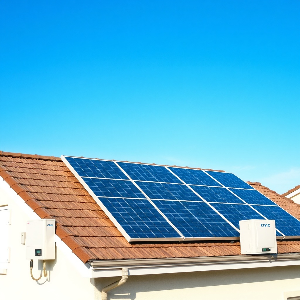 High-resolution photo of a residential rooftop with Civic Solar panels under clear blue sk