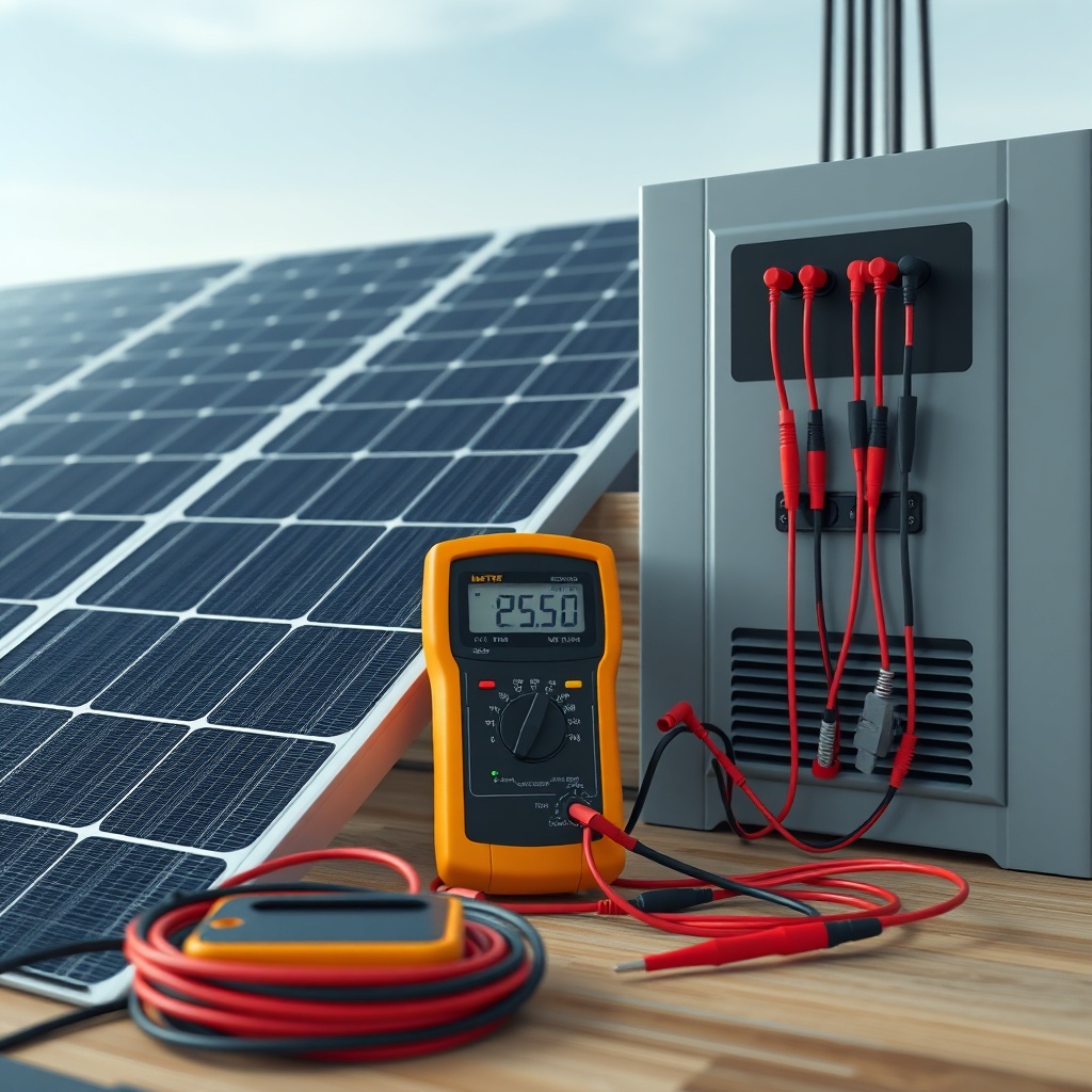 Photorealistic image of solar panel cables and inverter connections with multimeter and te