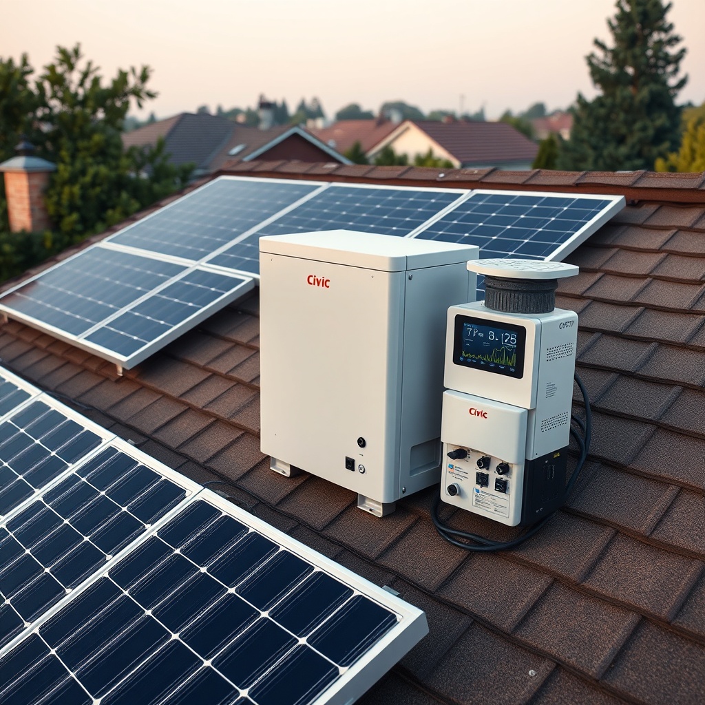 <clean photorealistic photo of a residential rooftop with Civic Solar panels connected to