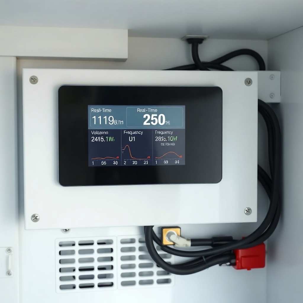 <clean photorealistic photo of an inverter display panel showing real-time power quality p