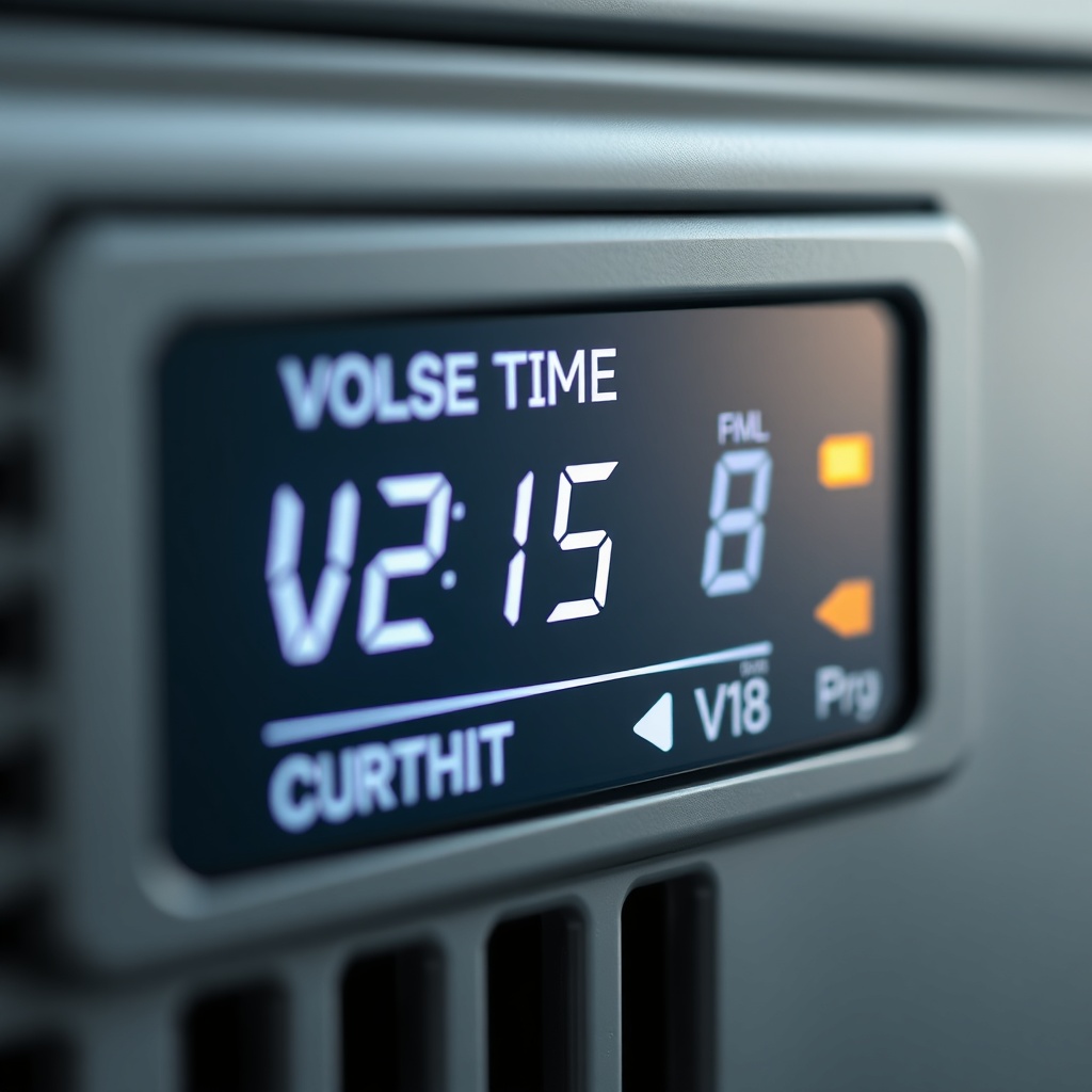 A close-up of an inverter display showing real-time voltage and current data