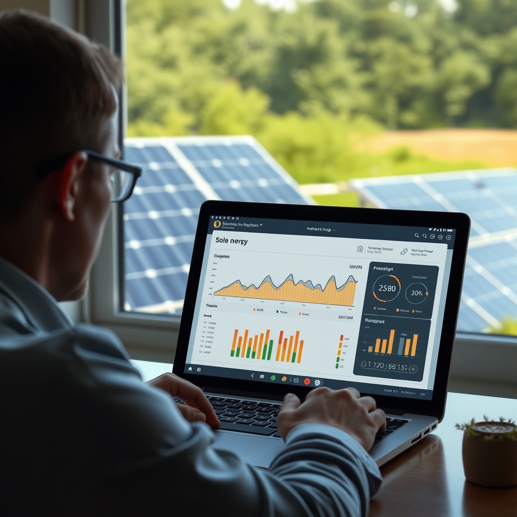 <Clean photorealistic photo of a person looking at a laptop screen showing a solar energy