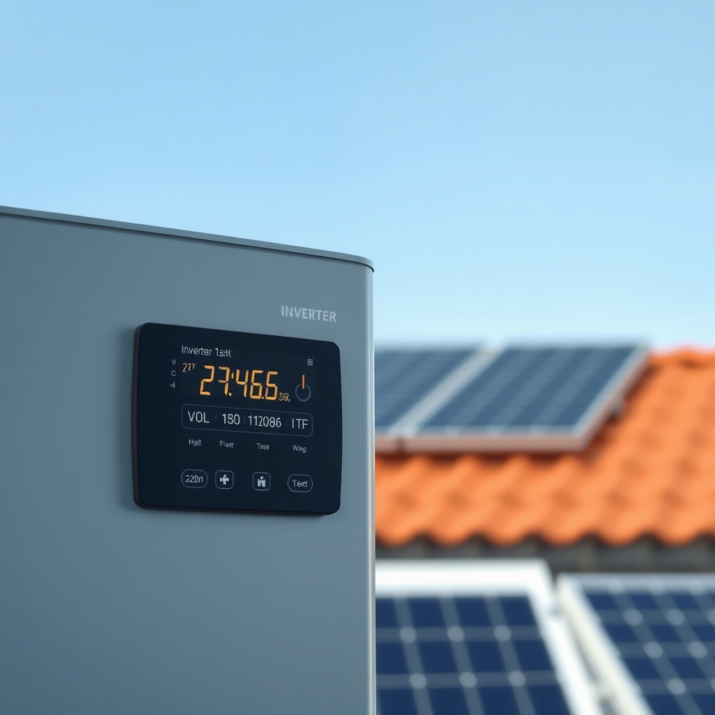 <Clean photorealistic photo of an inverter screen displaying technical data (voltage