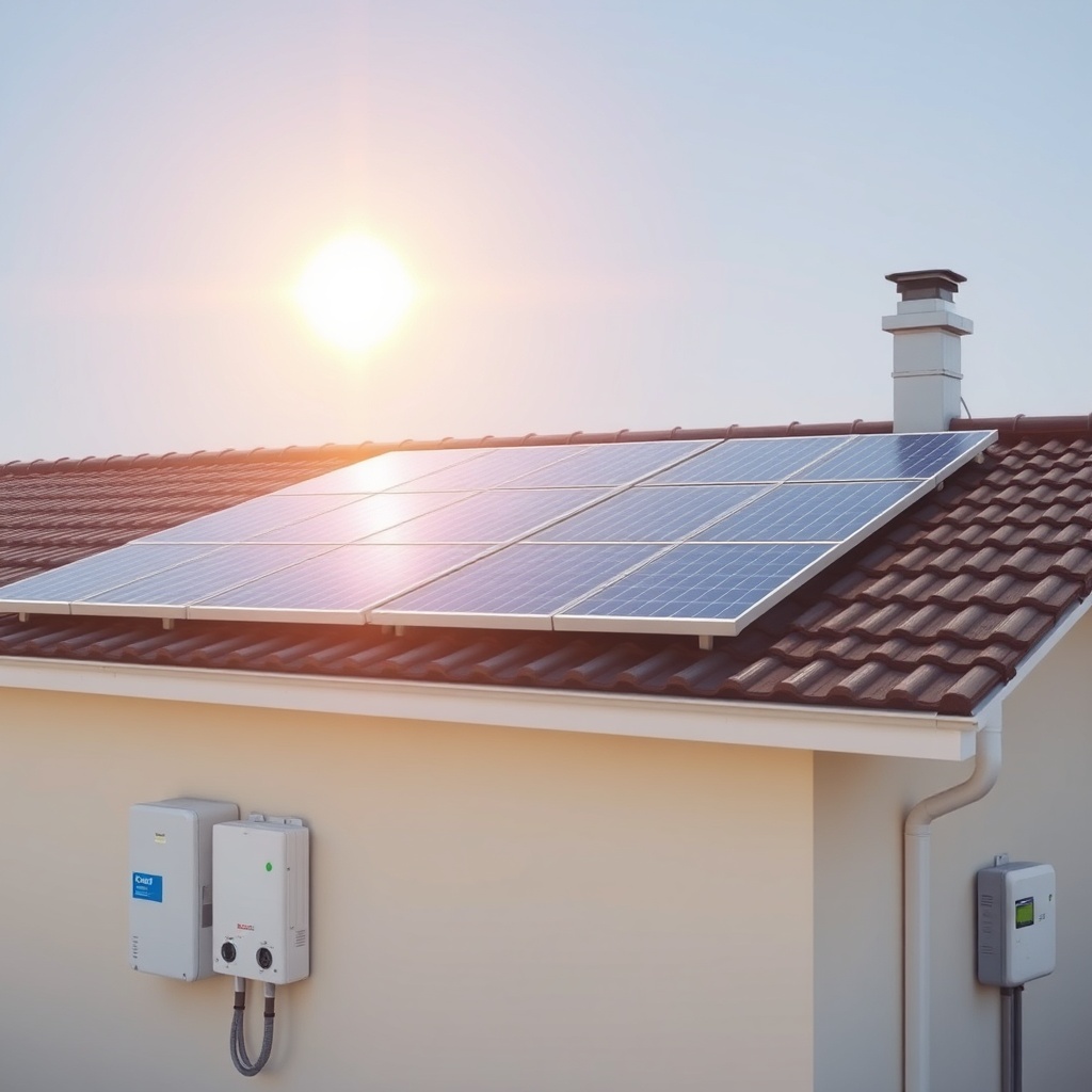 <clean photorealistic photo of a residential rooftop with Civic Solar panels under bright