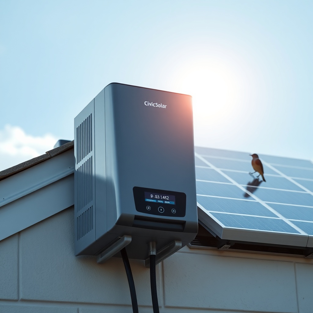 <clean photorealistic photo of a clean Civic Solar installation with a sunny sky