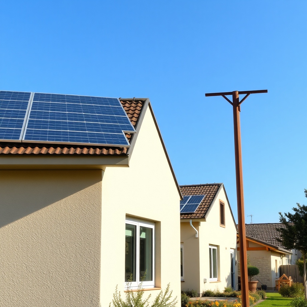 Bir evin çatısında parlak güneş altında ışıldayan Civic Solar paneller