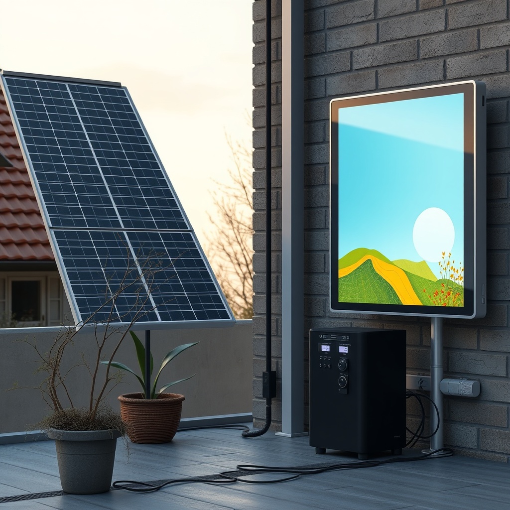 Bir oturma odasında dijital bir monitör üzerinde Civic Solar sisteminin günlük enerji üret