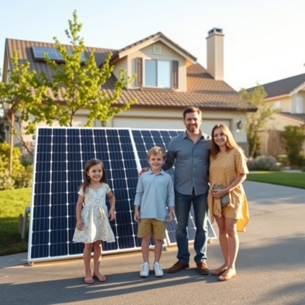 <clean photorealistic photo of a family standing next to a Civic Solar panel array on a re