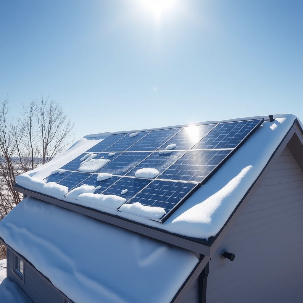 A photorealistic winter scene of a residential rooftop with Civic Solar panels partially c