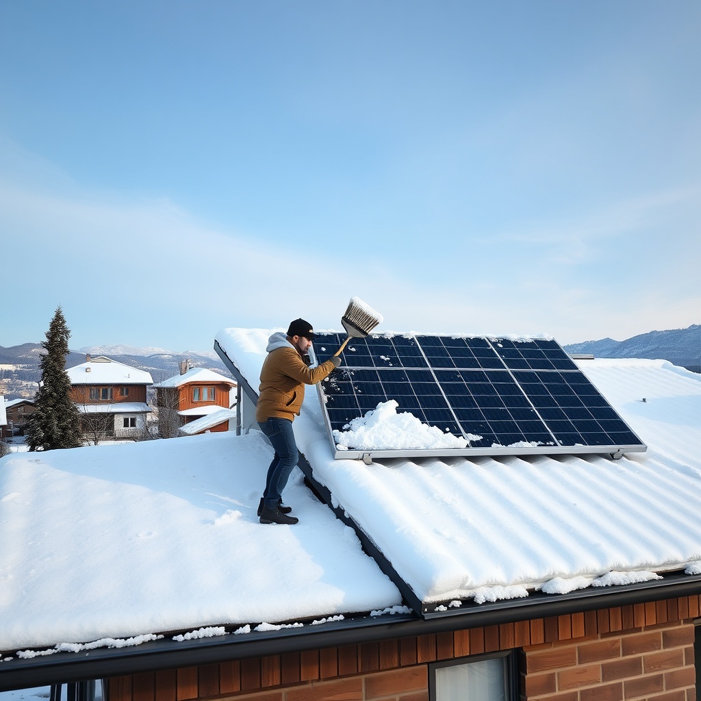 A photorealistic photo of a Turkish homeowner brushing snow off a Civic Solar panel on a s