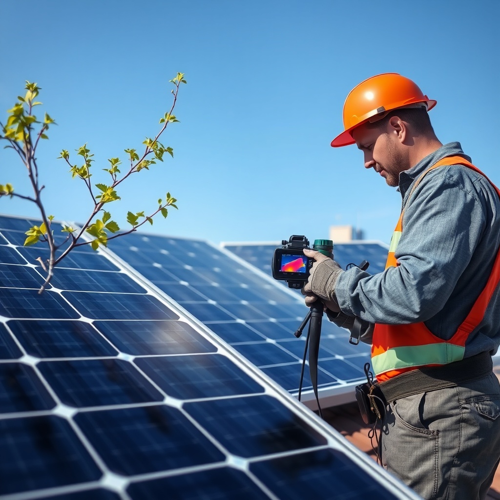 <A photorealistic image of a rooftop solar panel system during a maintenance check