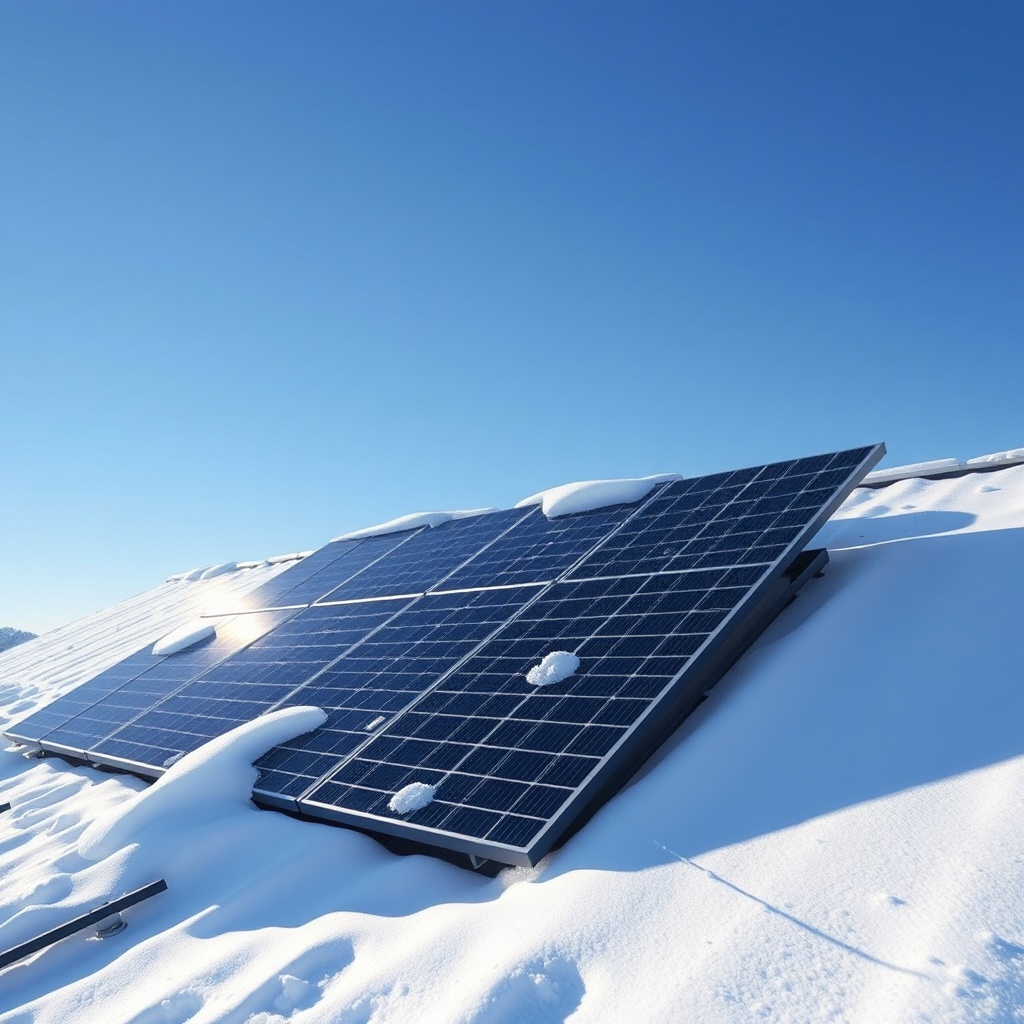 A photorealistic photo of Civic Solar panels partially covered with snow on a rooftop