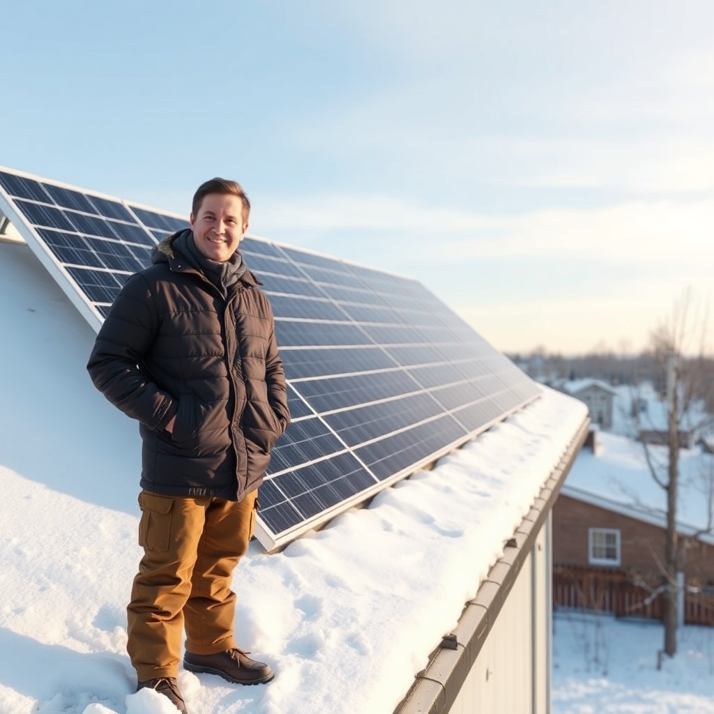 A photorealistic photo of a homeowner standing near Civic Solar panels on a snowy rooftop
