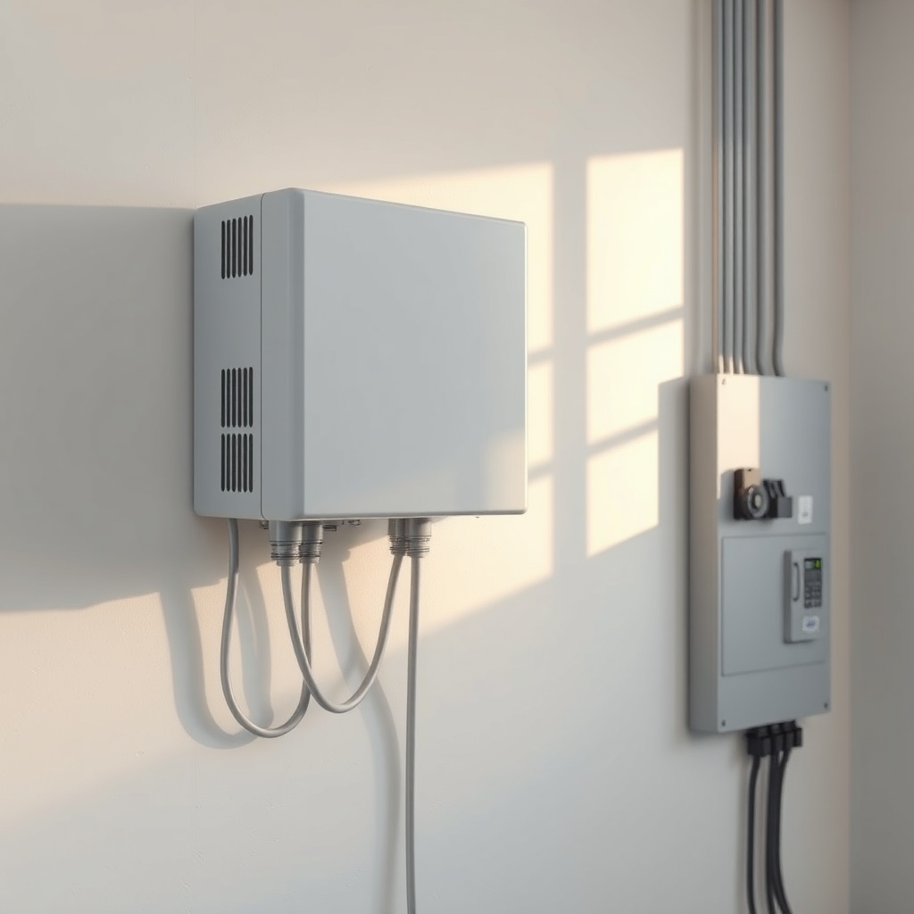 <A photorealistic close-up of a modern inverter unit mounted on a wall next to an electric