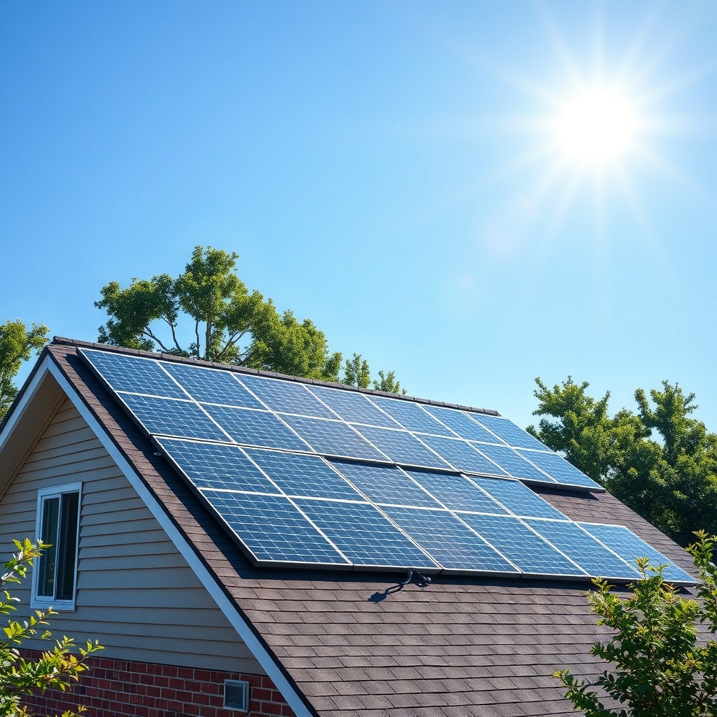 clean photorealistic photo of a residential rooftop with Civic Solar panels installed