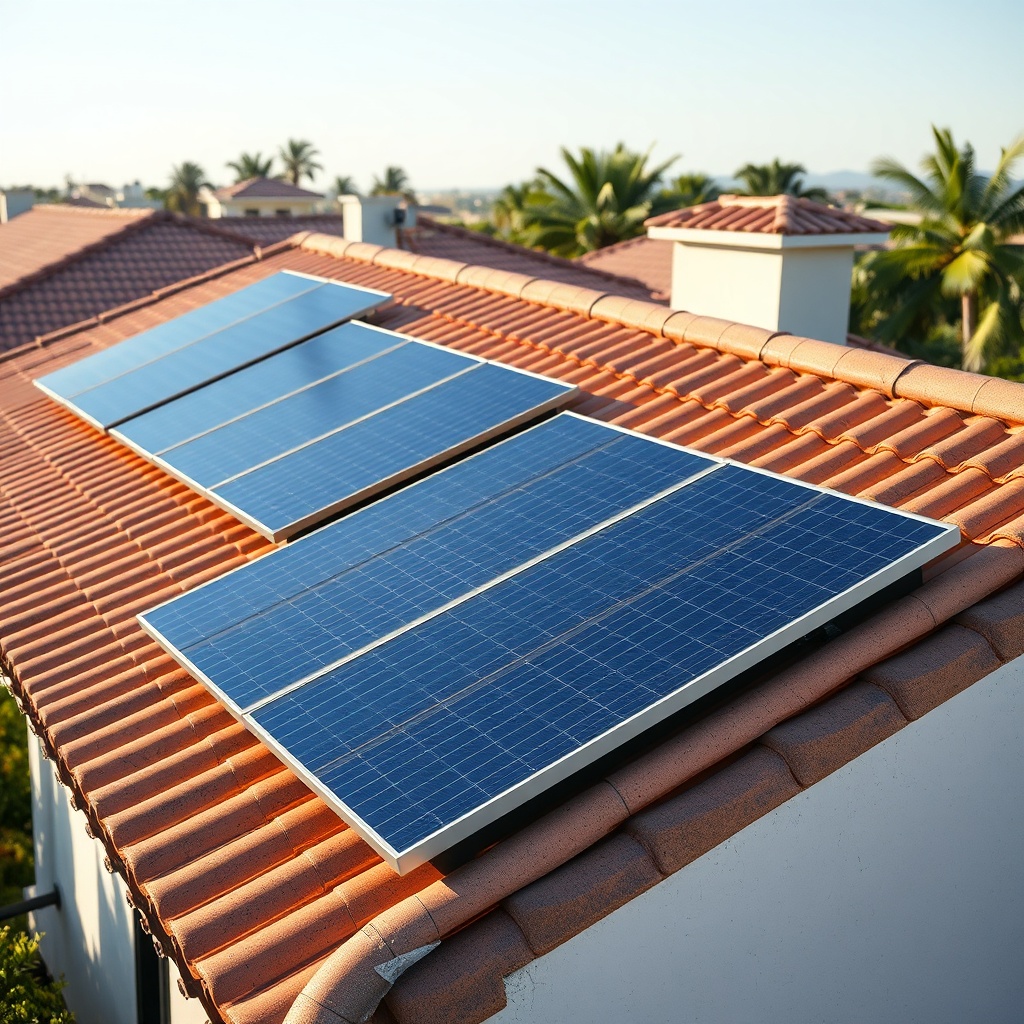 A clean photorealistic photo of a residential roof with Civic Solar panels installed