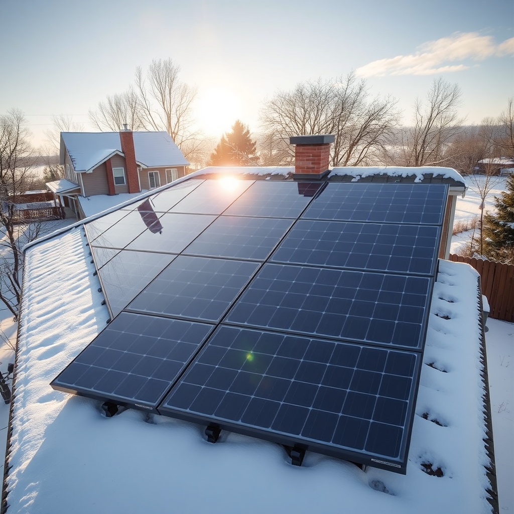 A clean photorealistic photo of Civic Solar panels on a roof in winter