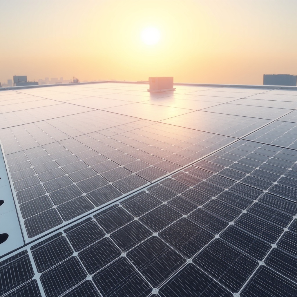 <clean photorealistic photo/illustration of a modern rooftop with Civic Solar panels glist