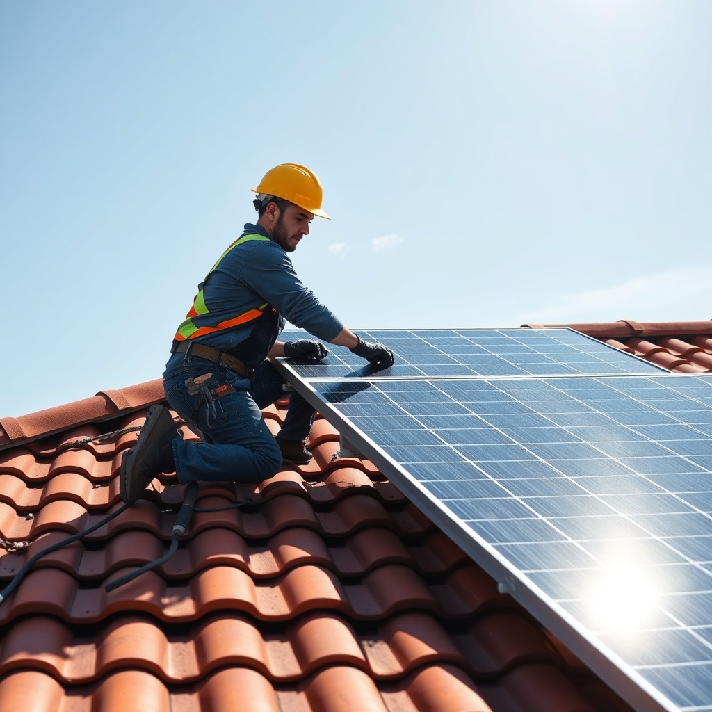 <clean photorealistic photo/illustration of a professional installer mounting Civic Solar