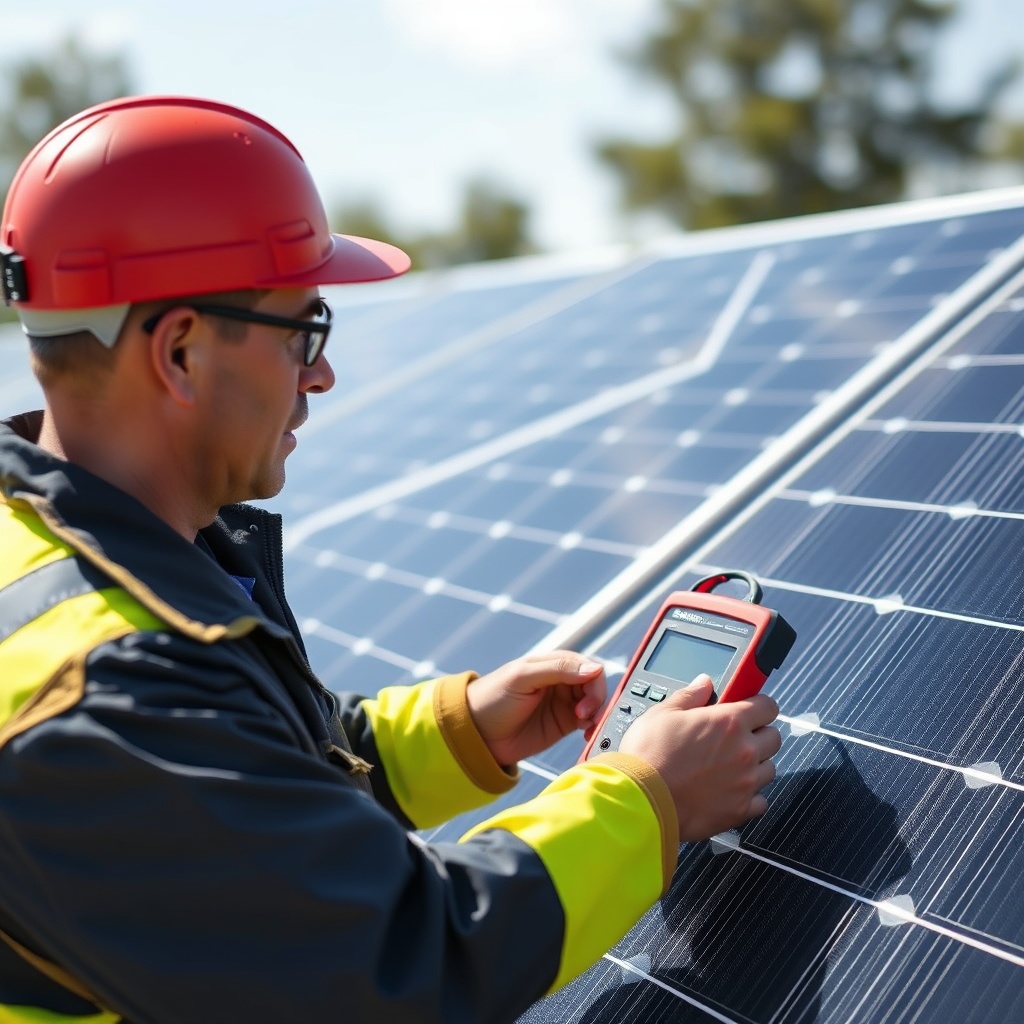 <clean photorealistic photo of a solar technician inspecting SunPower Maxeon 6 AC panels w