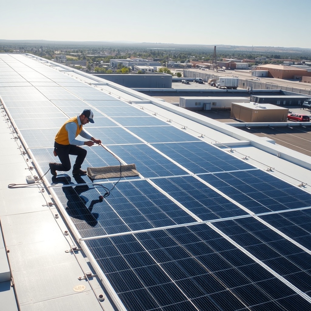 <clean photorealistic photo of a rooftop installation of LG Neon R panels with a technicia