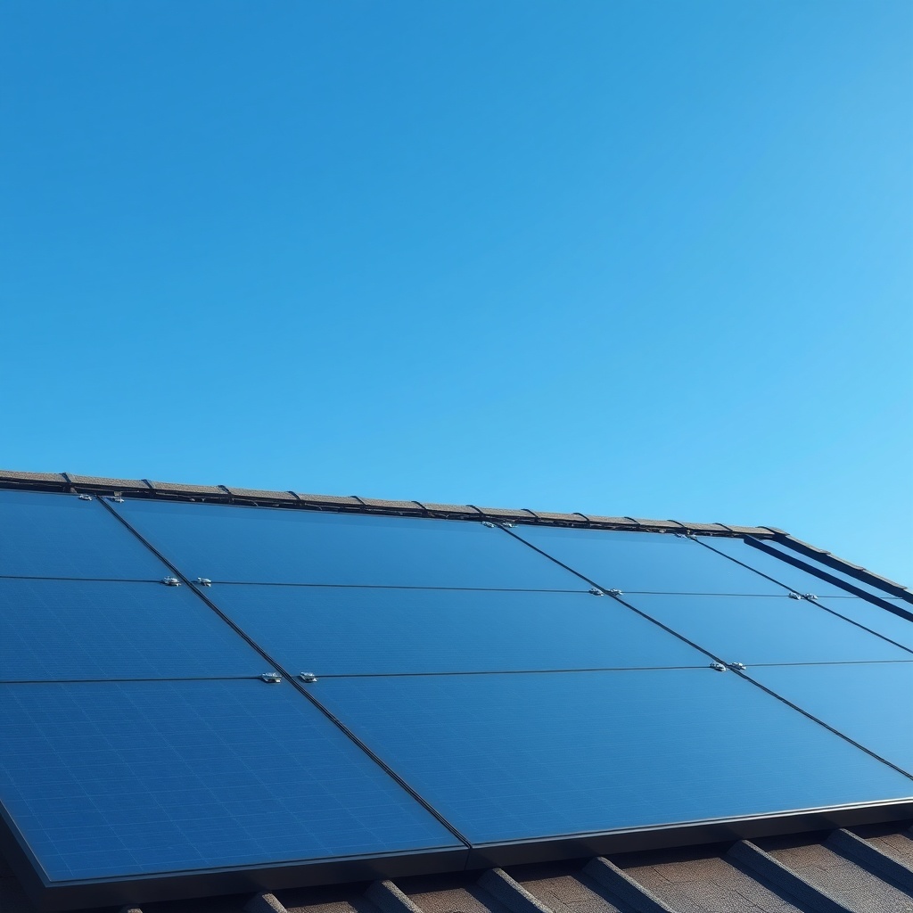 A photorealistic shot of LG Neon R panels on a residential roof under clear blue sky