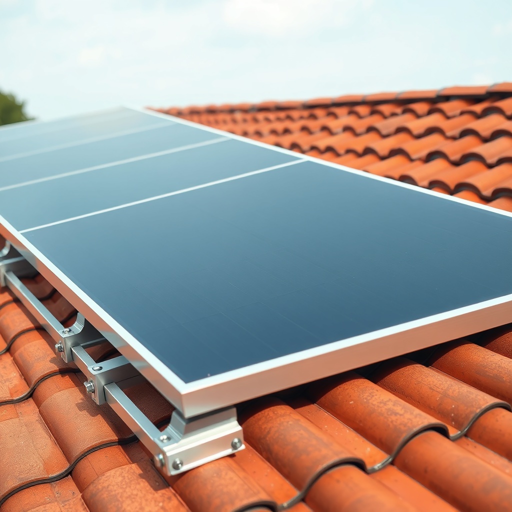 A clean photorealistic photo of an LG Neon R solar panel fixed to an aluminium mounting ra
