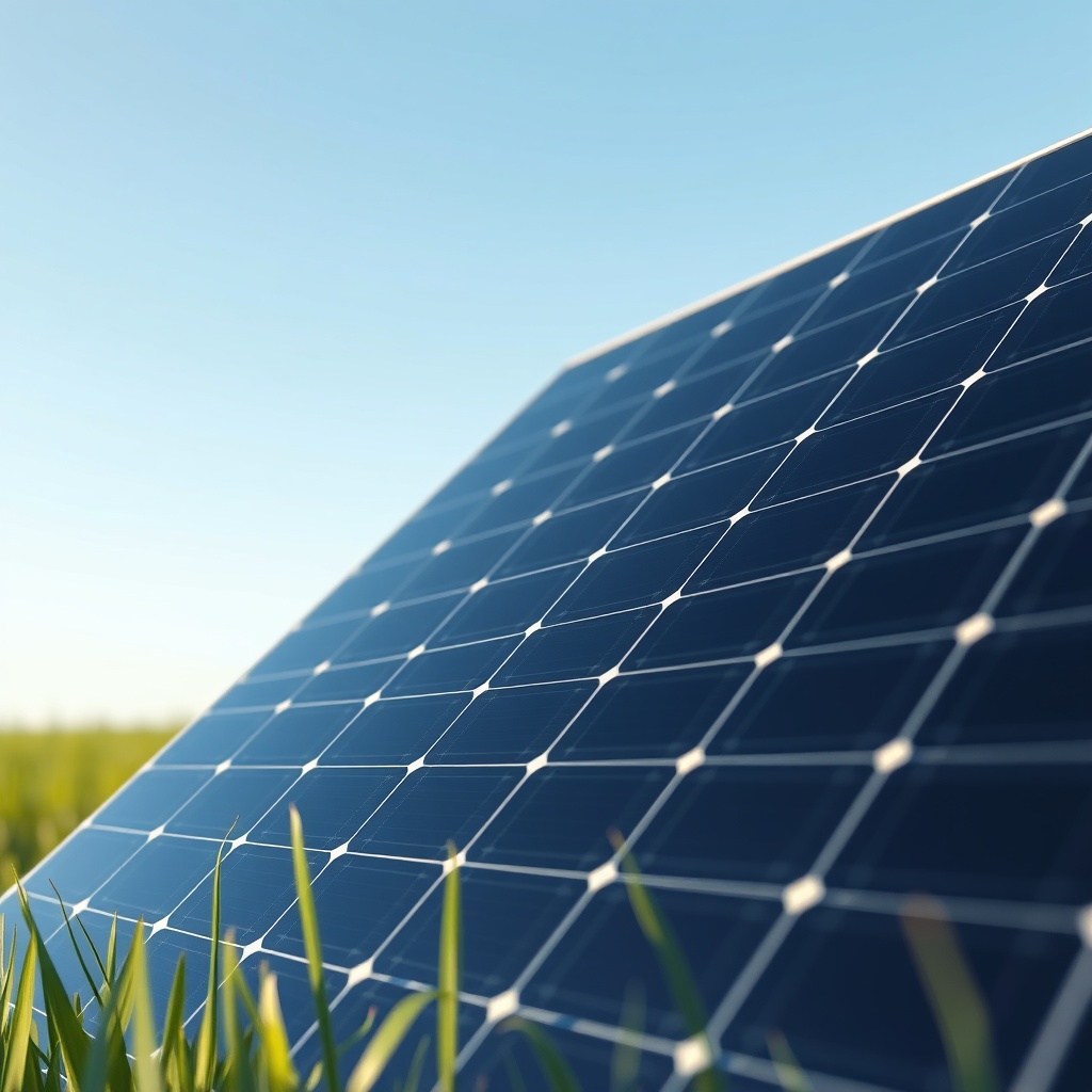 A photorealistic close-up of an LG Neon R solar panel in a sunny field