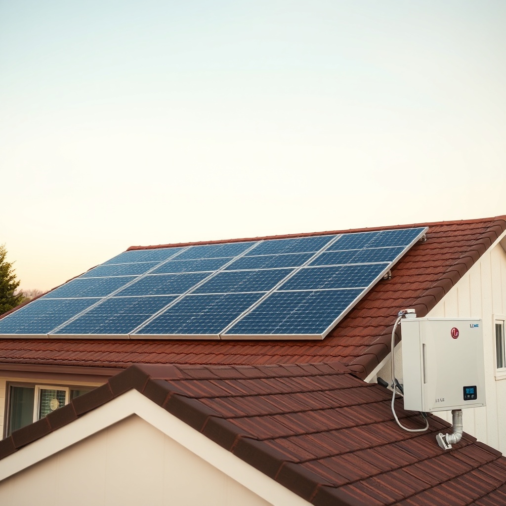 A photorealistic wide-angle shot of a residential roof covered with LG Neon R solar panels