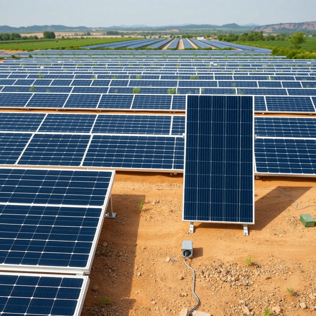 <clean photorealistic photo of LG Neon R panel specifications on a sleek solar farm setup