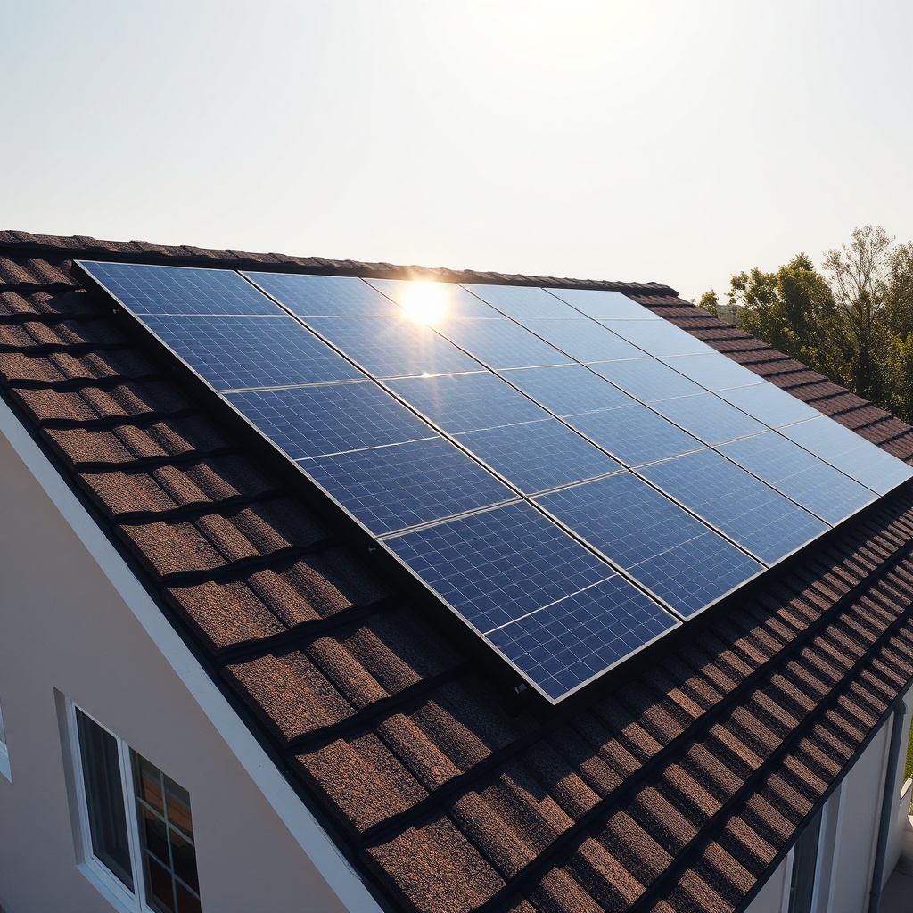 <clean photorealistic photo of LG Neon R panels on a residential roof under bright sun