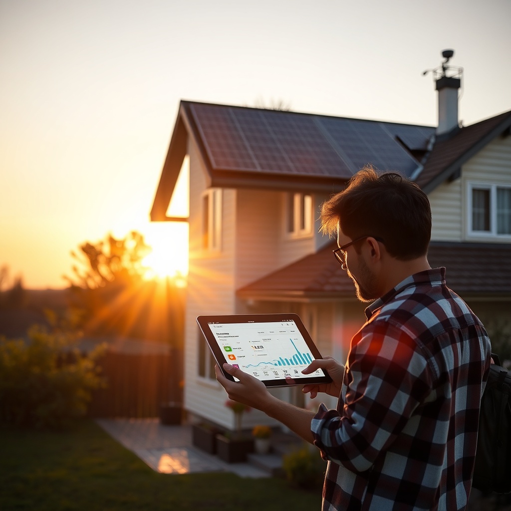 <A clean photorealistic photo showing a family home with a roof-mounted solar panel system