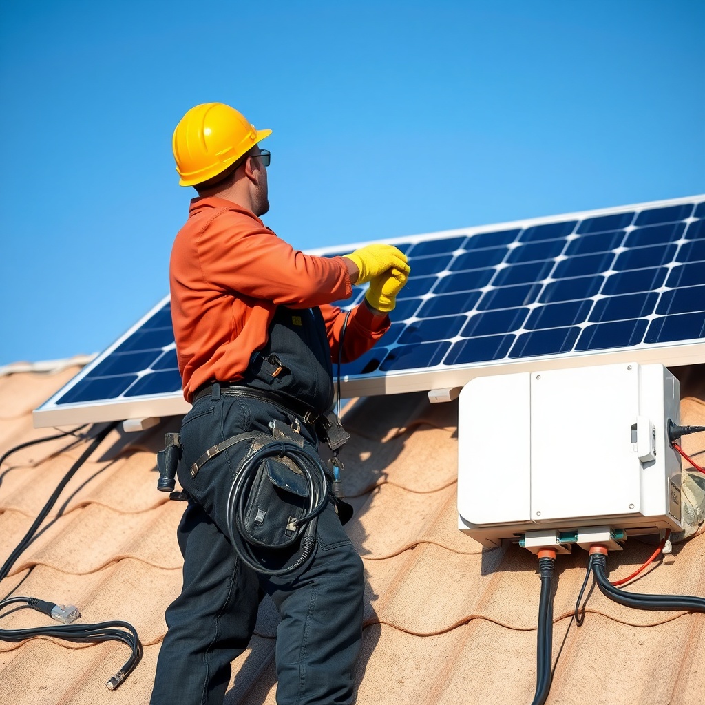 <A clean photorealistic photo showing a solar panel installation on a rooftop with cables