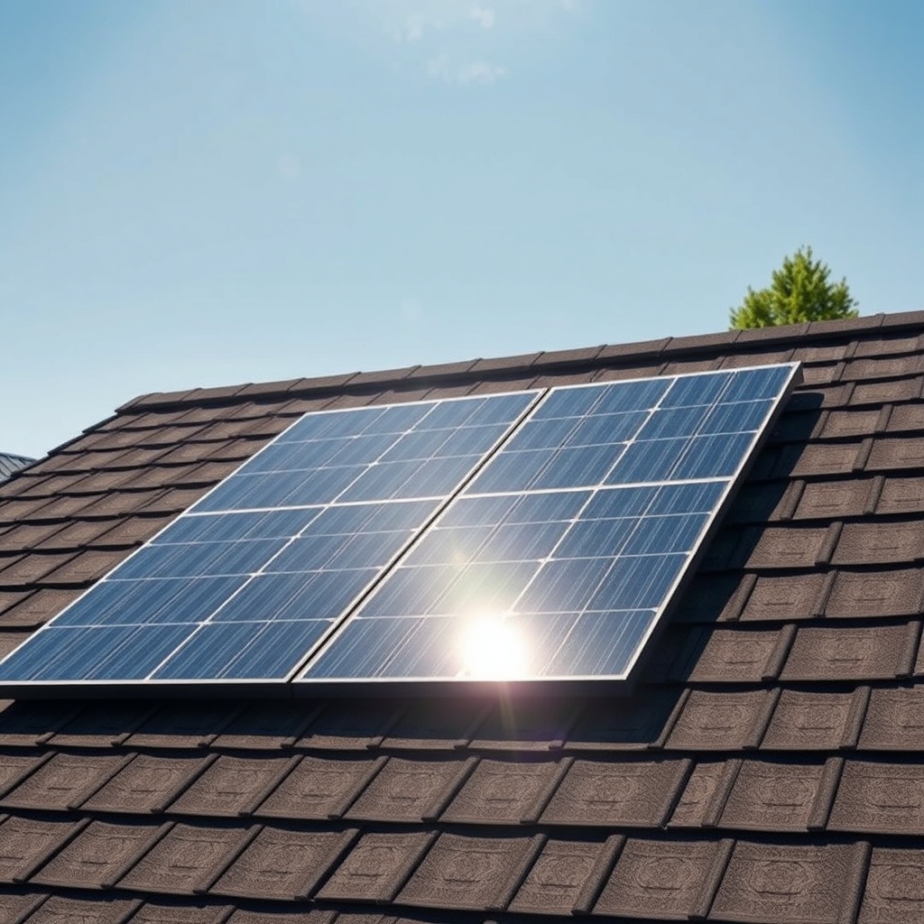 <Clean photorealistic photo of LG Neon R solar panel installed on a residential roof in br