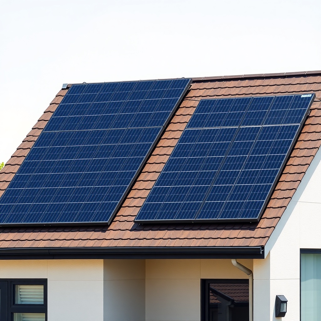 <clean photorealistic photo of a modern house roof with both SunPower Maxeon 6 AC and LG N
