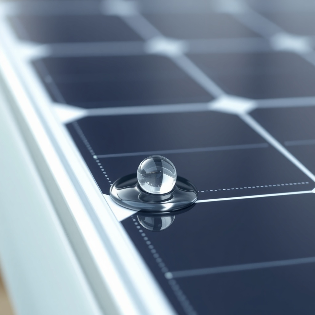 Close-up photo of a water droplet rolling off a clean solar panel with anti-reflective coa