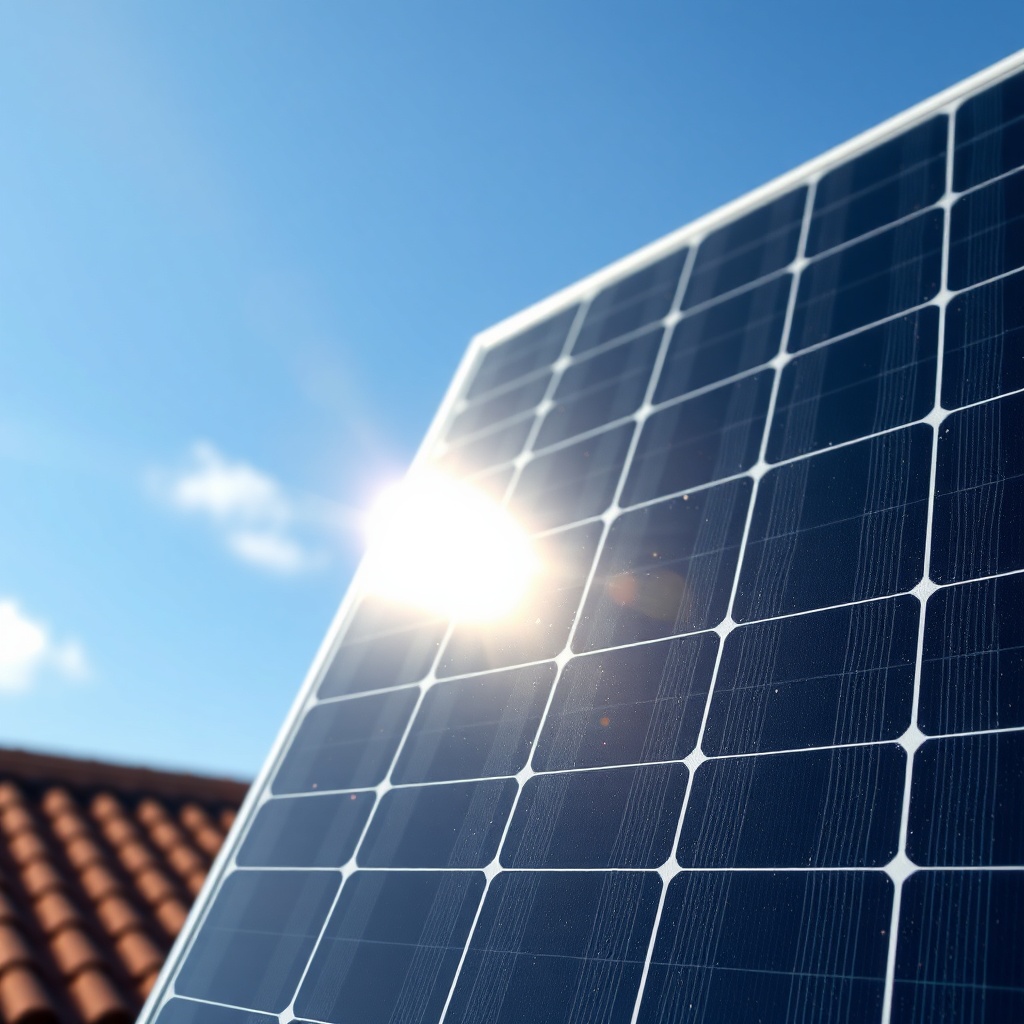 A close-up photorealistic shot of a SunPower Maxeon 6 AC panel with visible dust and bird