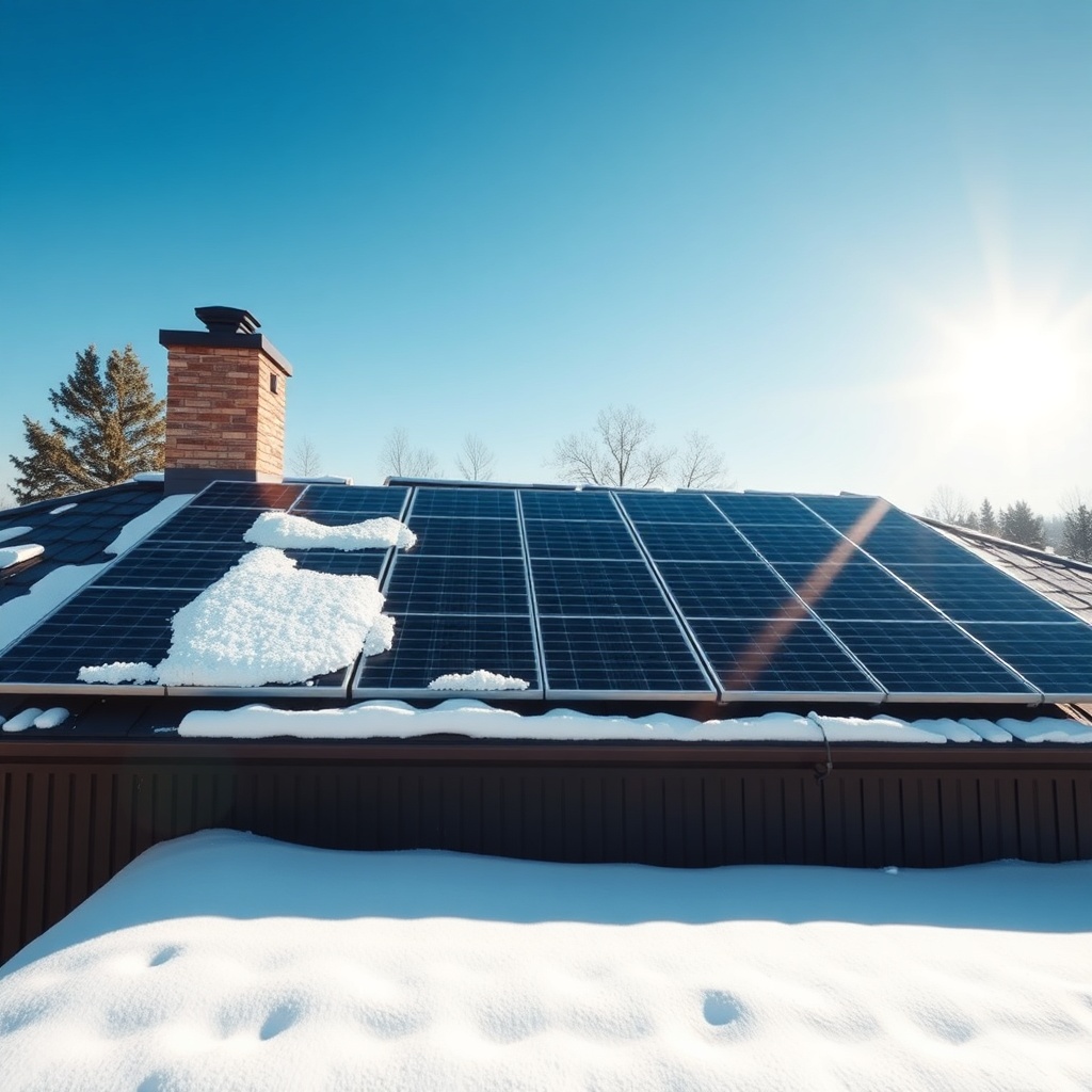 A wide-angle photorealistic photo of a rooftop with SunPower Maxeon 6 AC panels partially