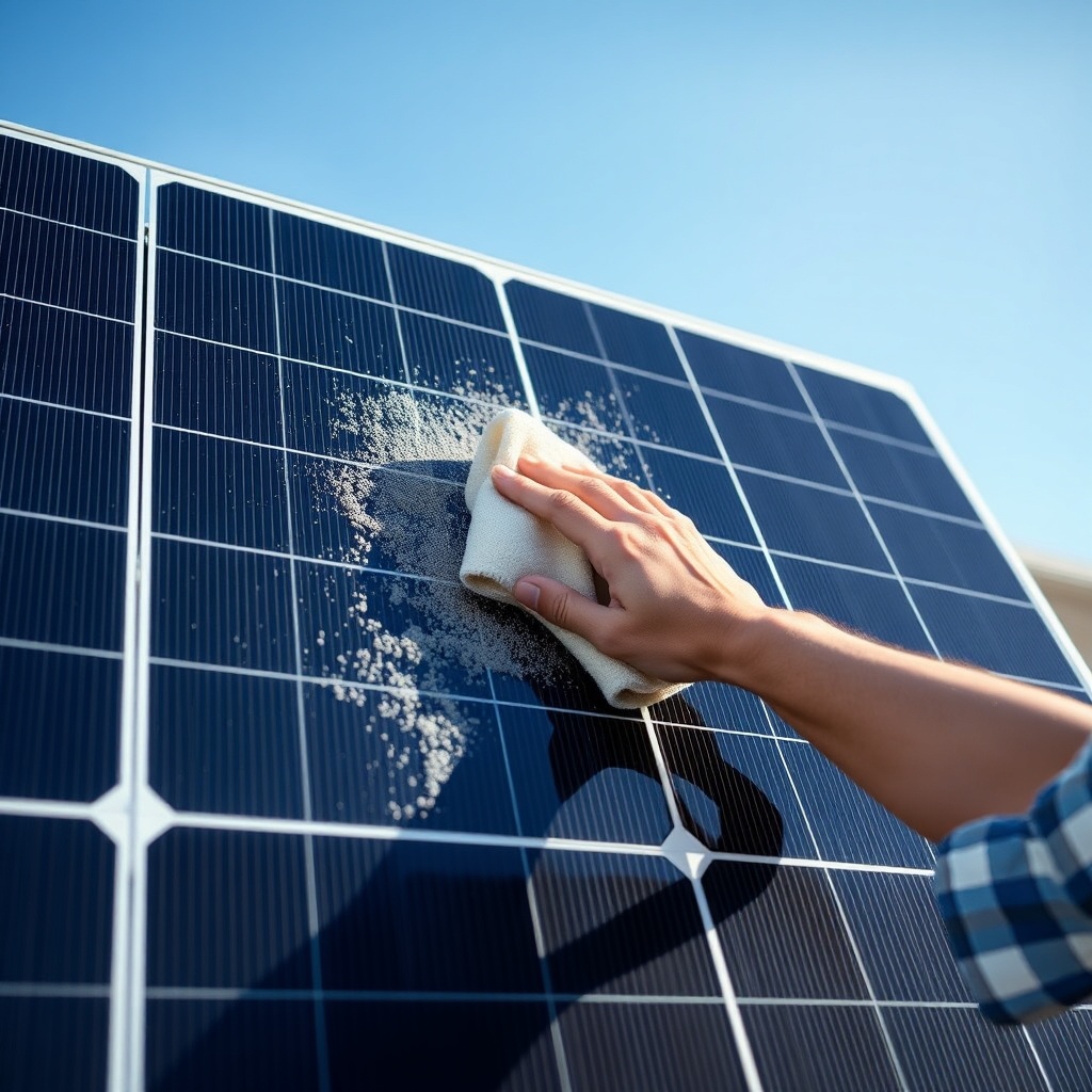 A clean photorealistic photo of a homeowner gently wiping dust off a SunPower Maxeon 6 AC