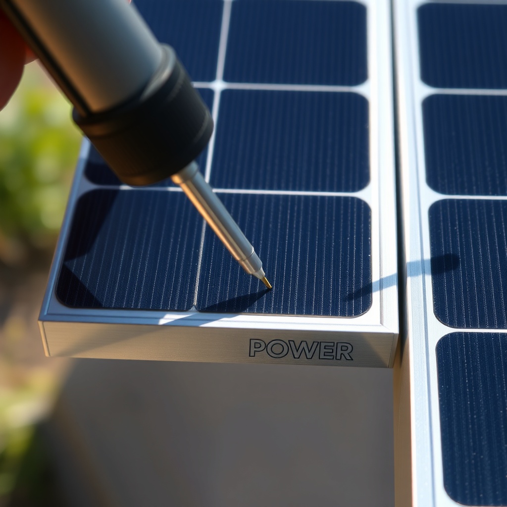 A photorealistic close-up of a SunPower Maxeon 6 AC panel's aluminum frame being repaired