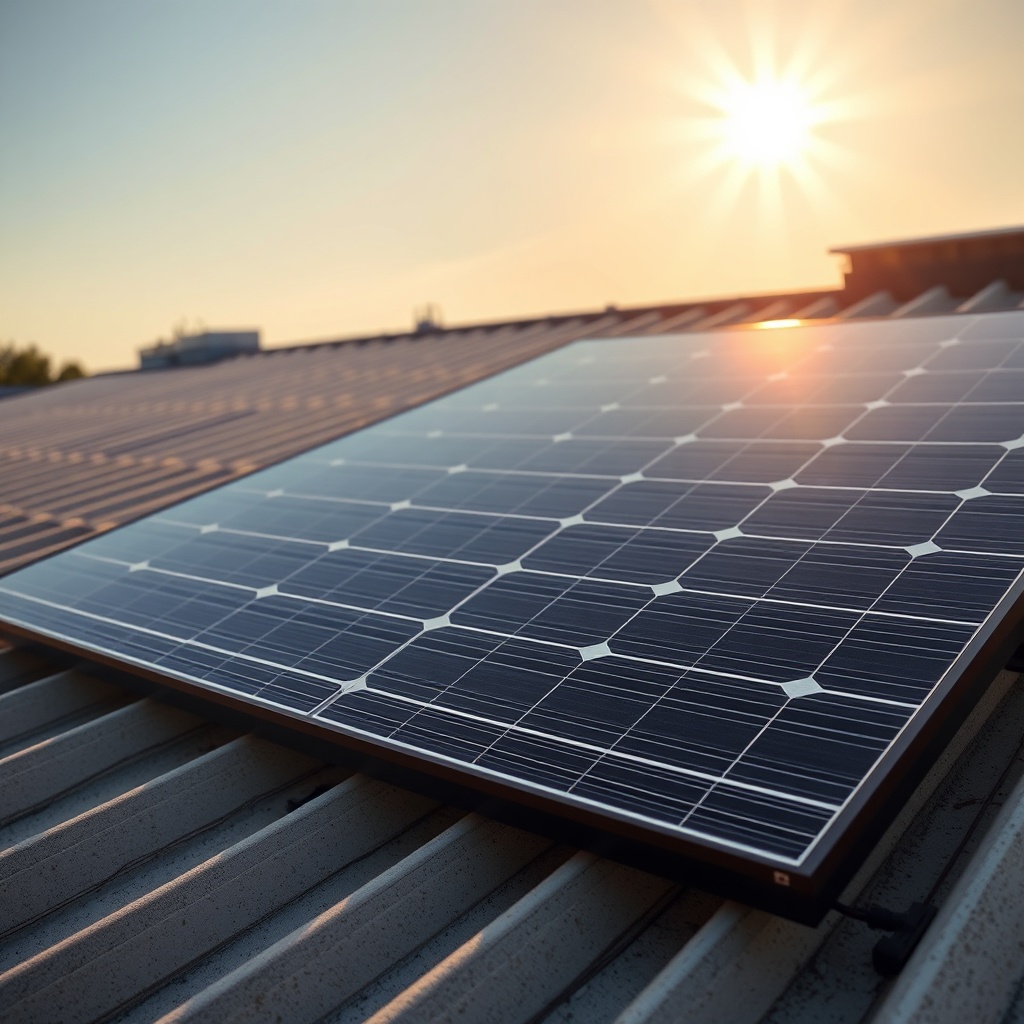 <clean photorealistic photo of SunPower Maxeon 6 AC panel on a rooftop under intense sunli