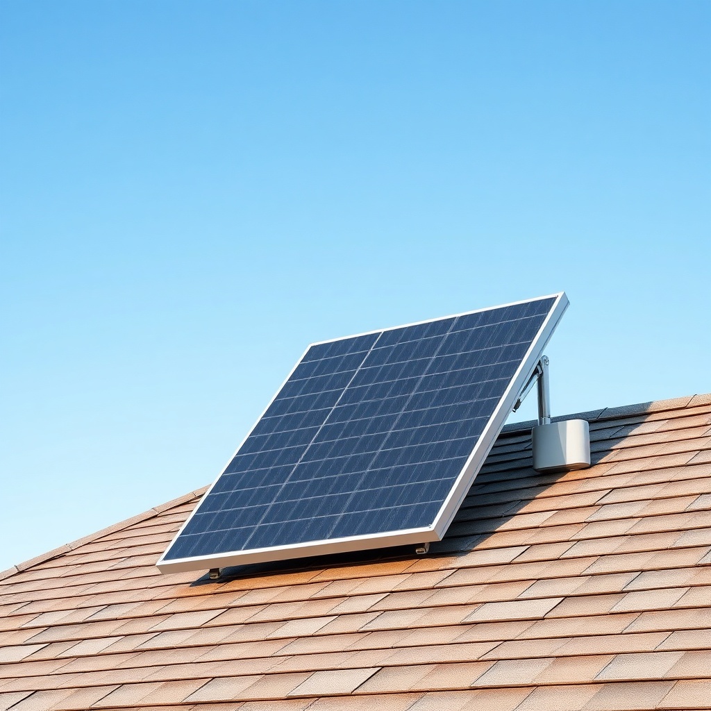 <clean photorealistic photo of SunPower Maxeon 6 AC panel on a residential roof under clea