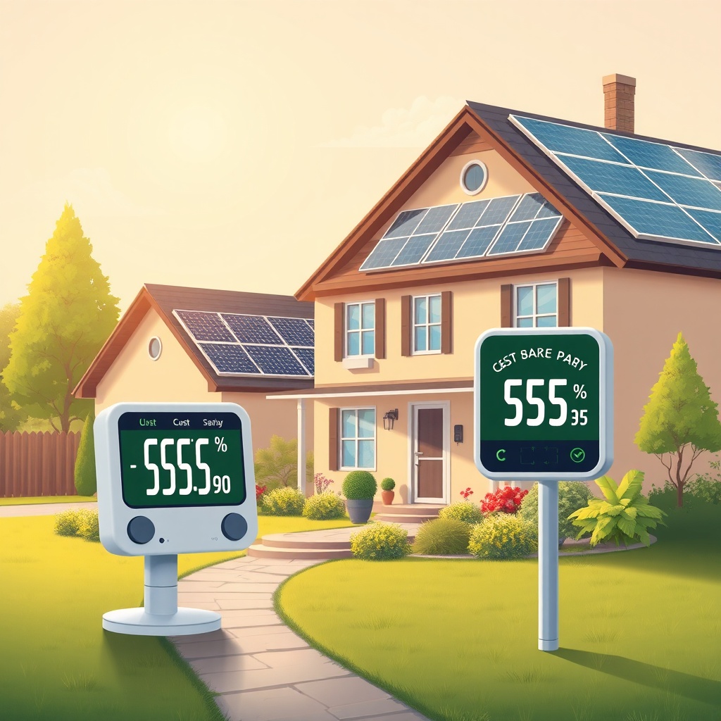 <clean photorealistic illustration of a family home with solar panels and a digital energy