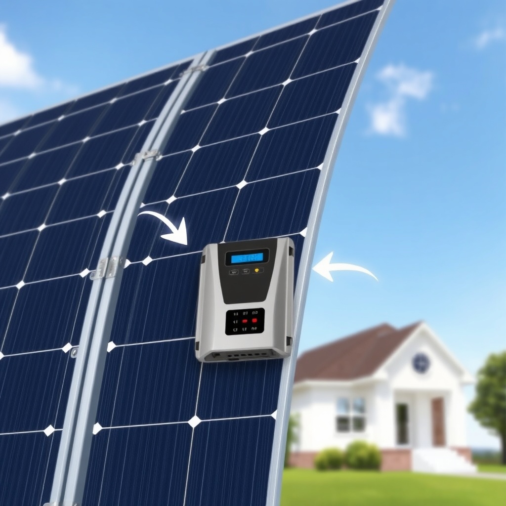A realistic illustration showing a cross-section of a solar panel with a small microinvert